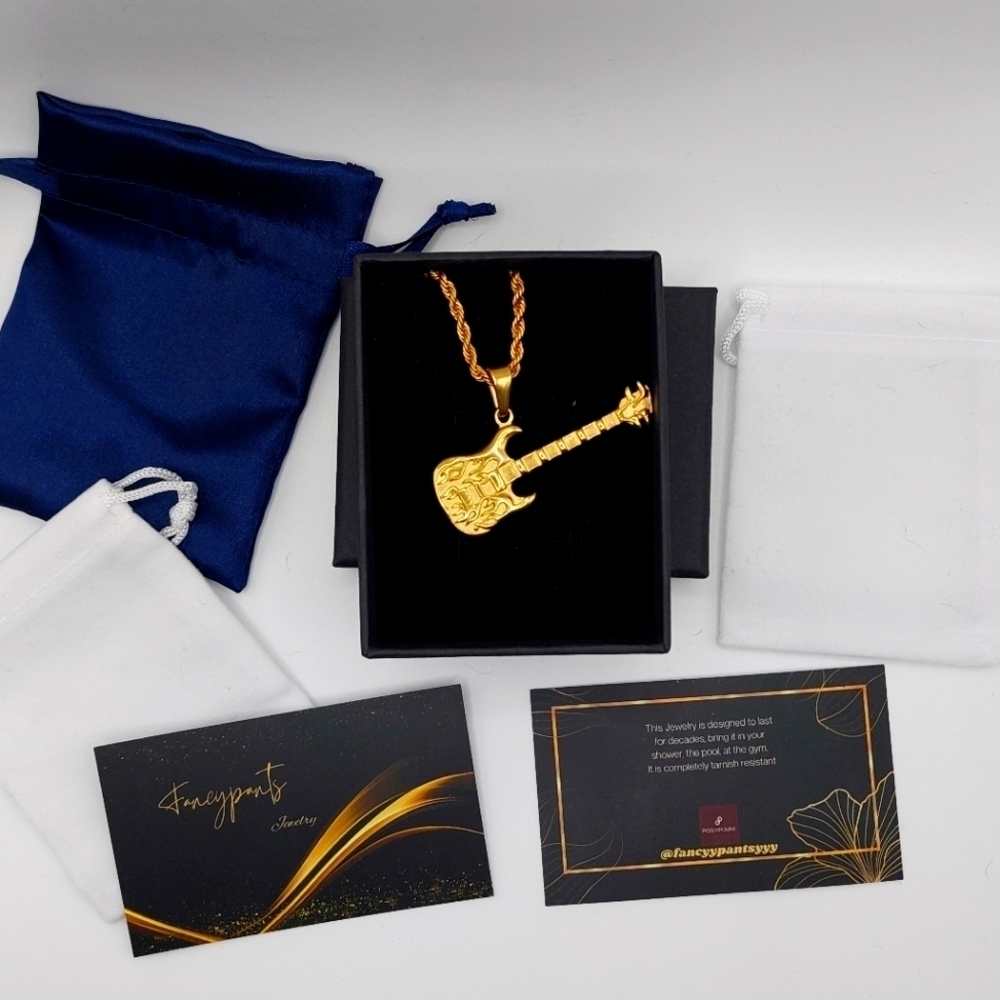18K Gold Plated Guitar Pendant Necklace with 18K Gold Plated Rope Chain